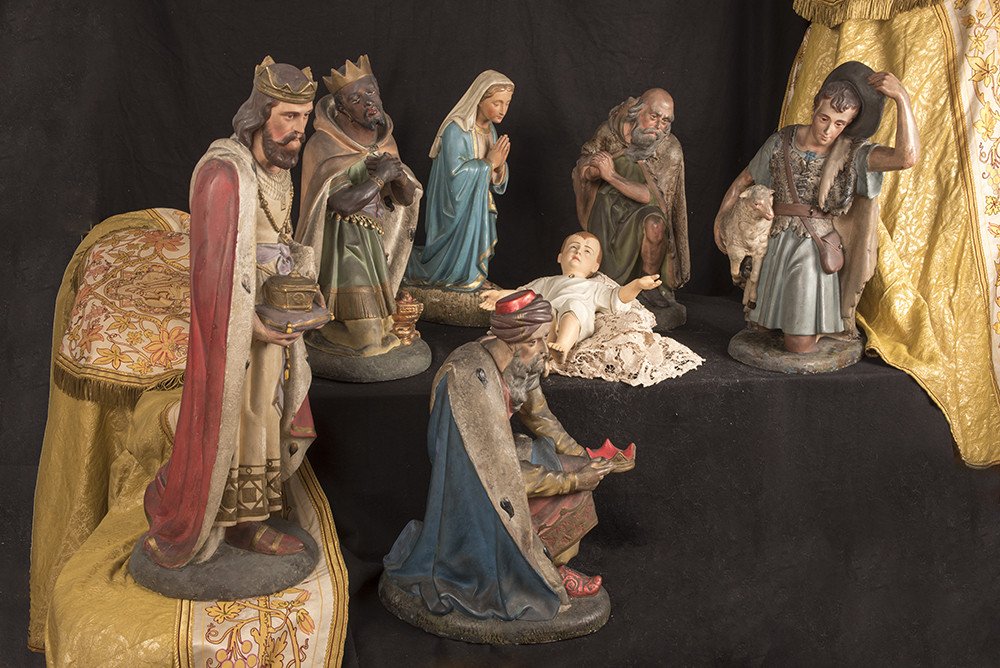 Christmas Church Nativity Scene In Polychrome Plaster. 1880.-photo-8