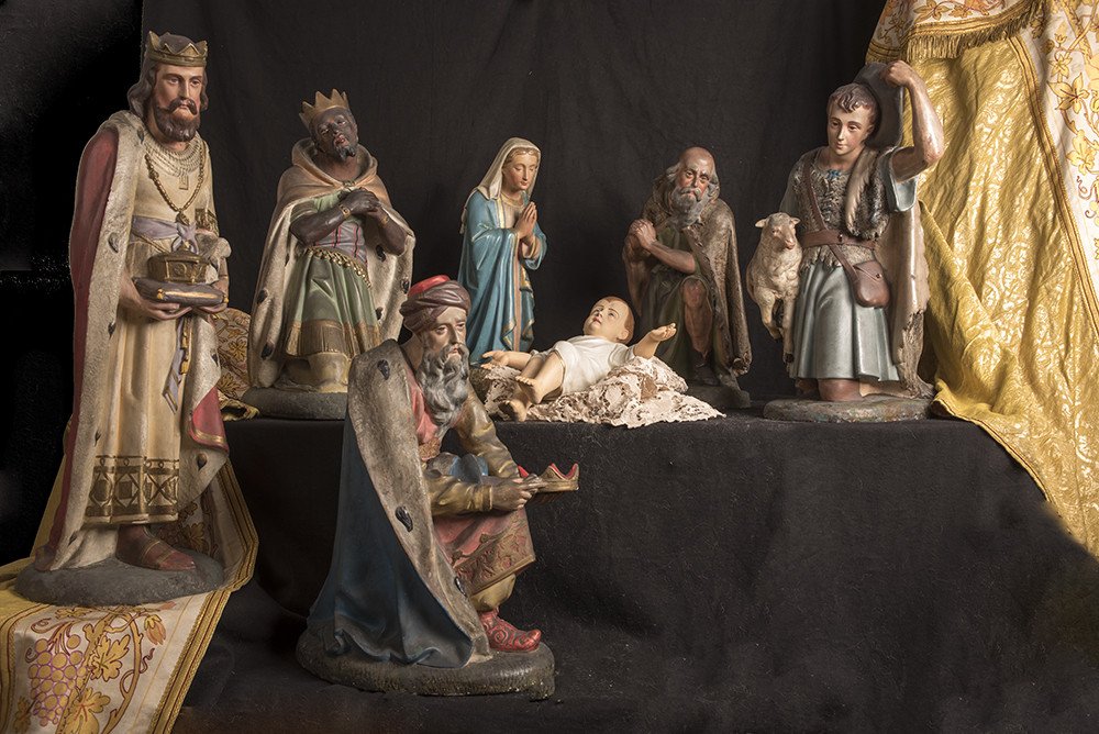 Christmas Church Nativity Scene In Polychrome Plaster. 1880.