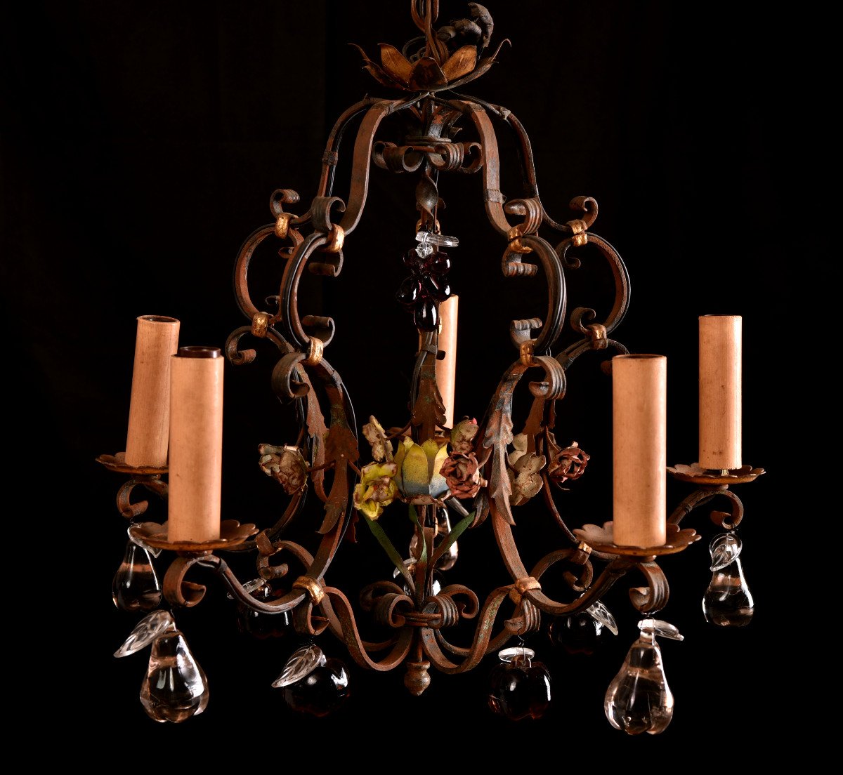 Wrought Iron Cage Chandelier Around 1940. Louis XVI Style.-photo-2