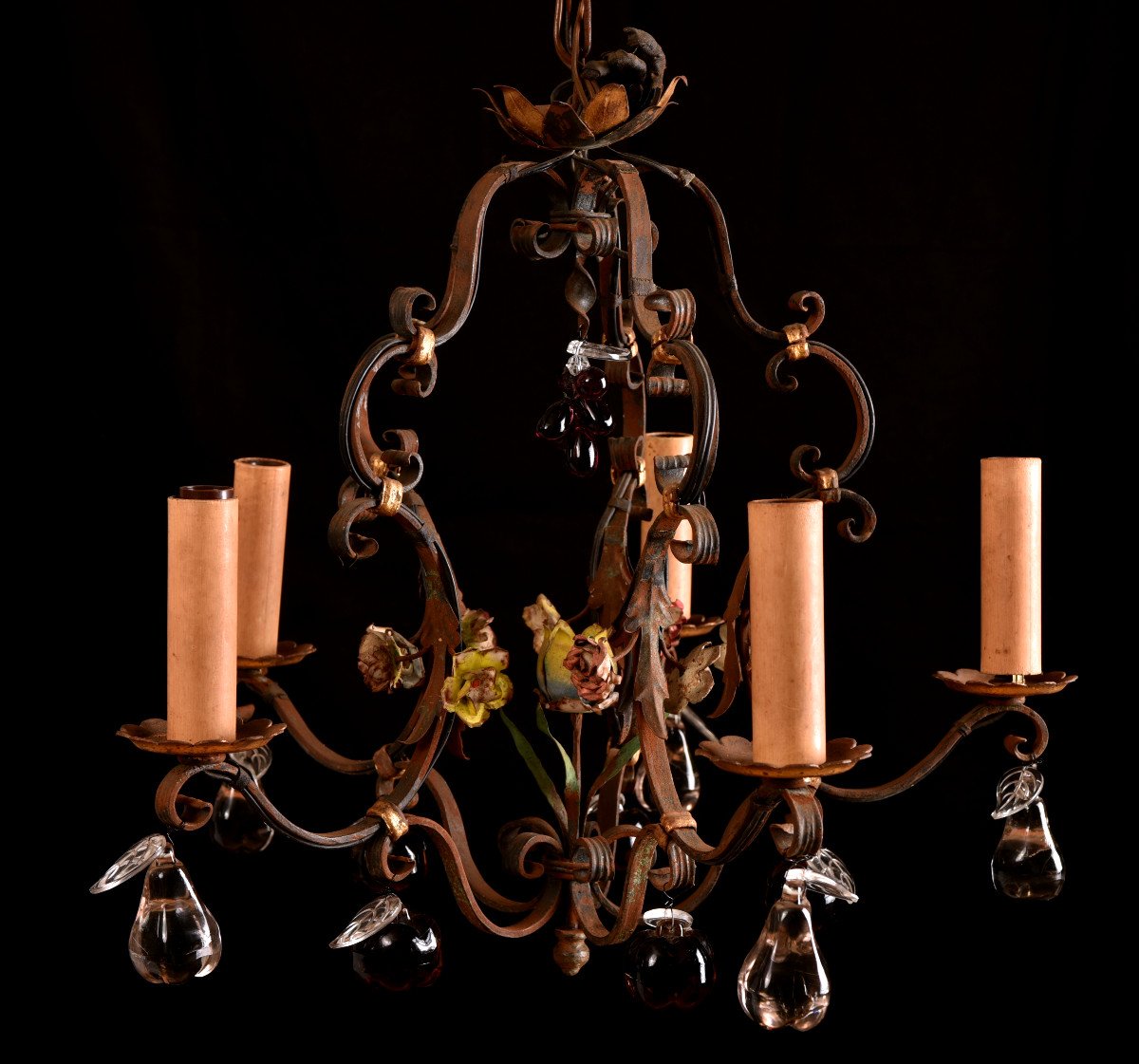 Wrought Iron Cage Chandelier Around 1940. Louis XVI Style.-photo-7