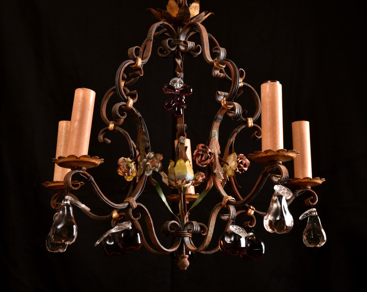 Wrought Iron Cage Chandelier Around 1940. Louis XVI Style.