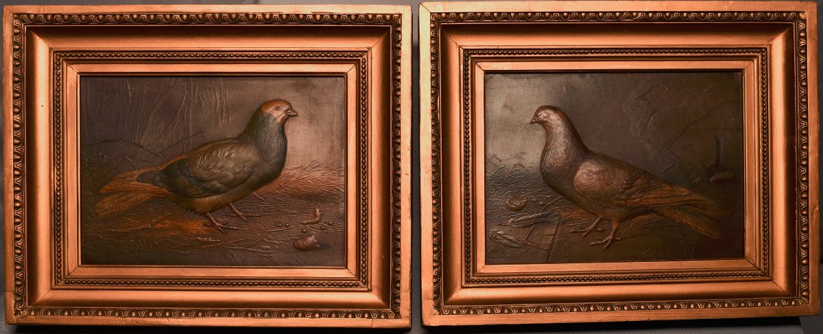 Doves In Repoussé Leather. 1900.