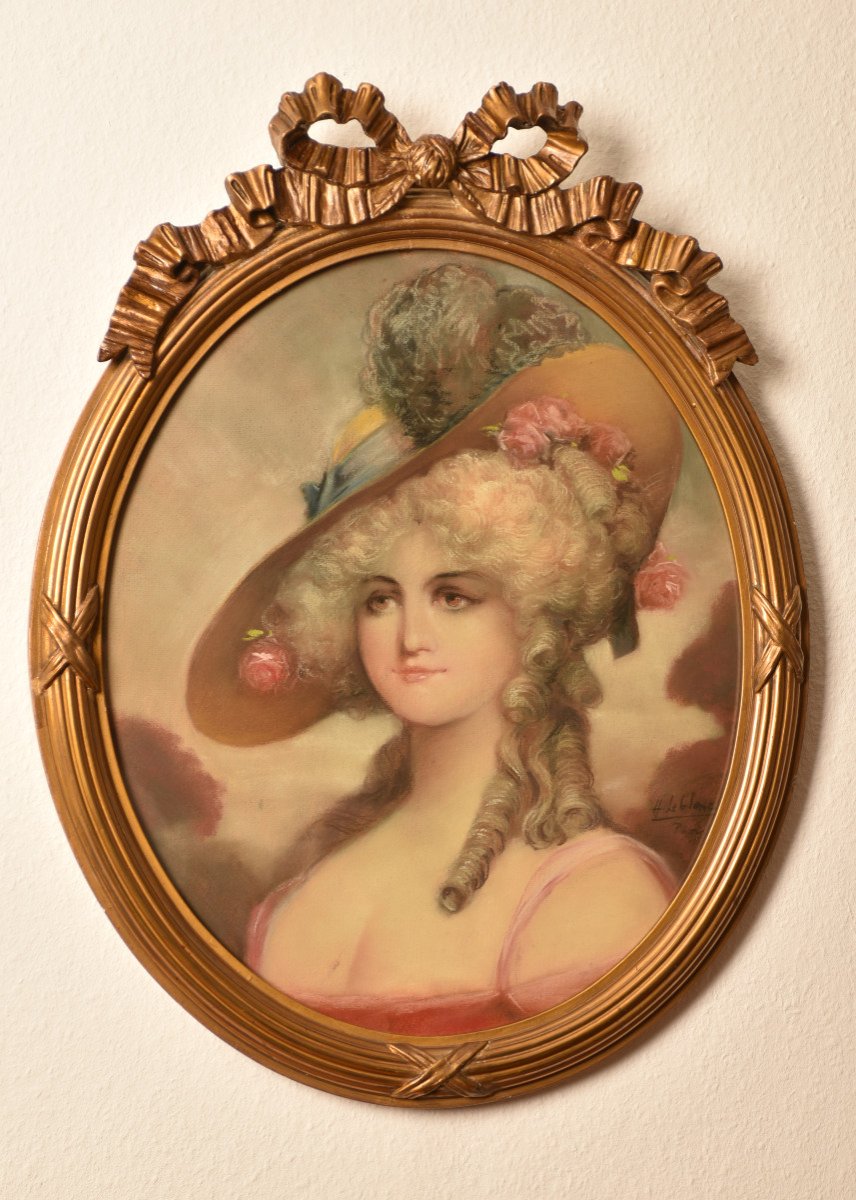 Pastel Signé Leblanc Paris. Portrait De Jeune Femme Au Chapeau.-photo-3
