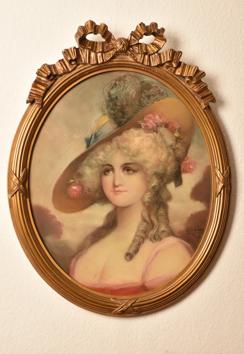 Pastel Signé Leblanc Paris. Portrait De Jeune Femme Au Chapeau.-photo-5