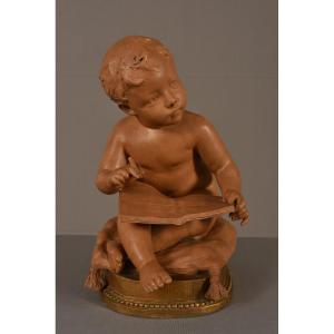 Terre Cuite Signée Laroche. Enfant écrivant. 1900.