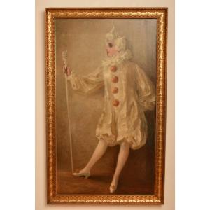 Pierrot. Imposante Peinture Sur Toile. Signée. Art Nouveau