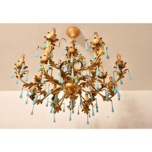 Important Blue Opaline Chandelier. Around 1920.