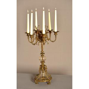 Large Candlestick In Bronze And Cut Crystal. 1860