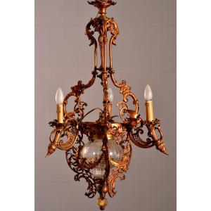 Pendant Lamp In Golden Metal. Louis XVI Style Chandelier Circa 1900