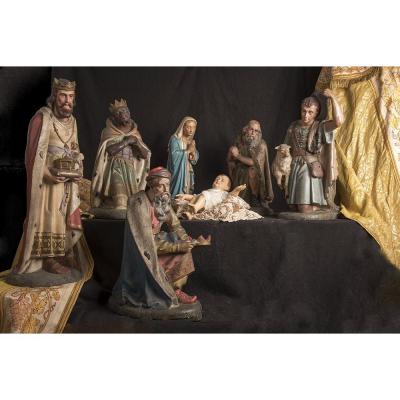 Christmas Church Nativity Scene In Polychrome Plaster. 1880.