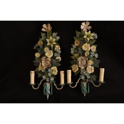 Wall Lights. Bouquets Of Flowers In Patinated Metal.