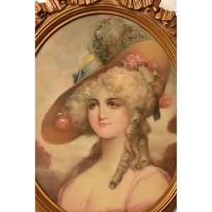 Pastel Signed Leblanc Paris. Portrait Of Young Woman In Hat.