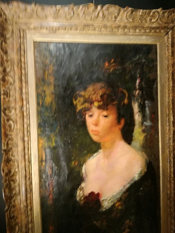 Luigi Corbellini, huile sur toile, femme à la fleur (pivoine ou rose).