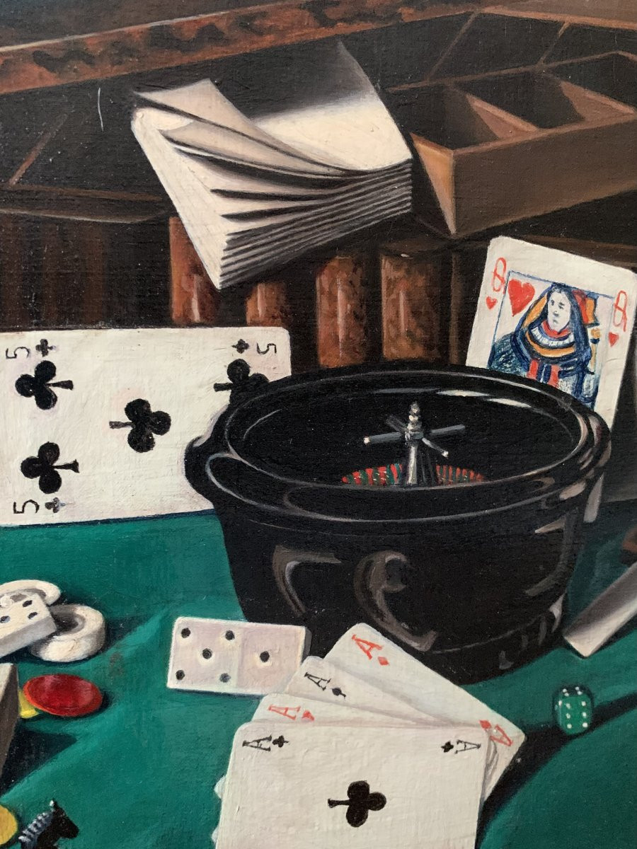 nature morte aux jeux - vers 1940 _ échecs -poker -roulette - dominos -cartes-photo-3