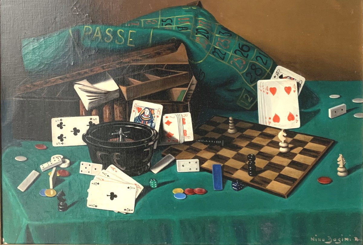 nature morte aux jeux - vers 1940 _ échecs -poker -roulette - dominos -cartes-photo-1