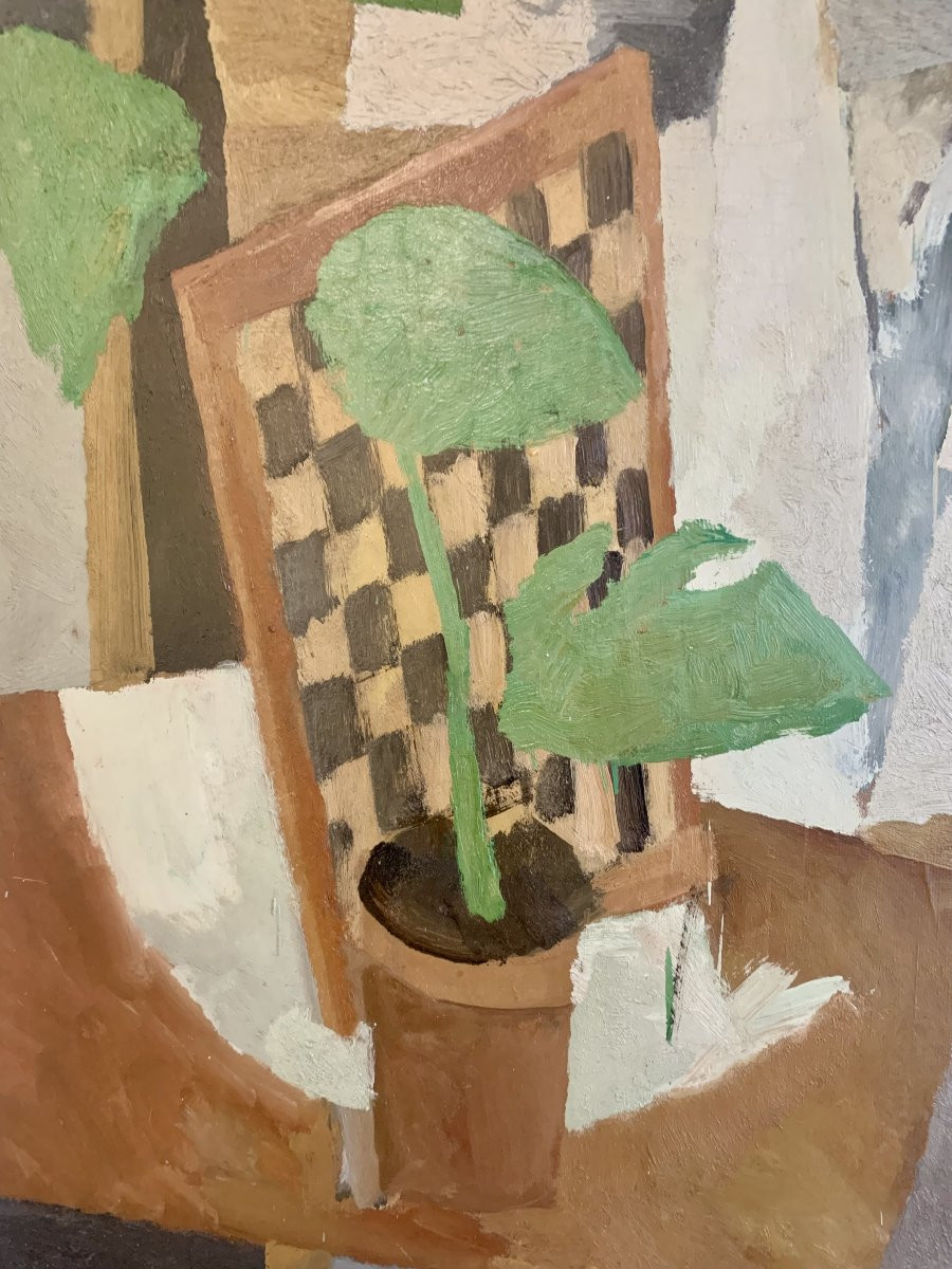 Pierre GOUGEROT  _Nature morte post cubisme:  échiquier, verre et orange , 1950's - échecs -photo-3