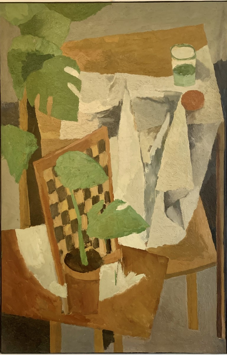 Pierre GOUGEROT  _Nature morte post cubisme:  échiquier, verre et orange , 1950's - échecs 