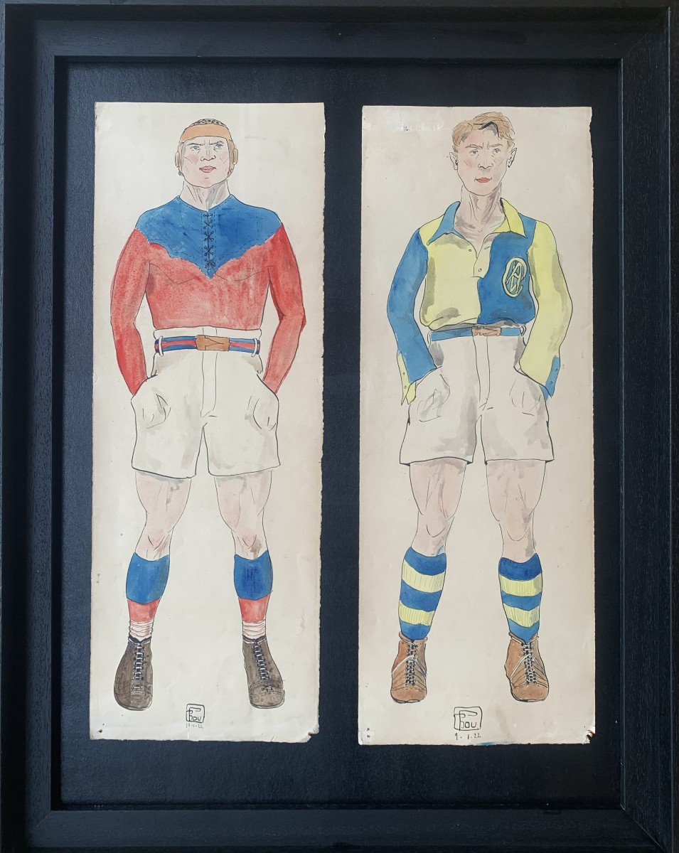Maurice FRICHOU -  Les rugbymen - Paire de grandes aquarelles - 1922 - rugby 
