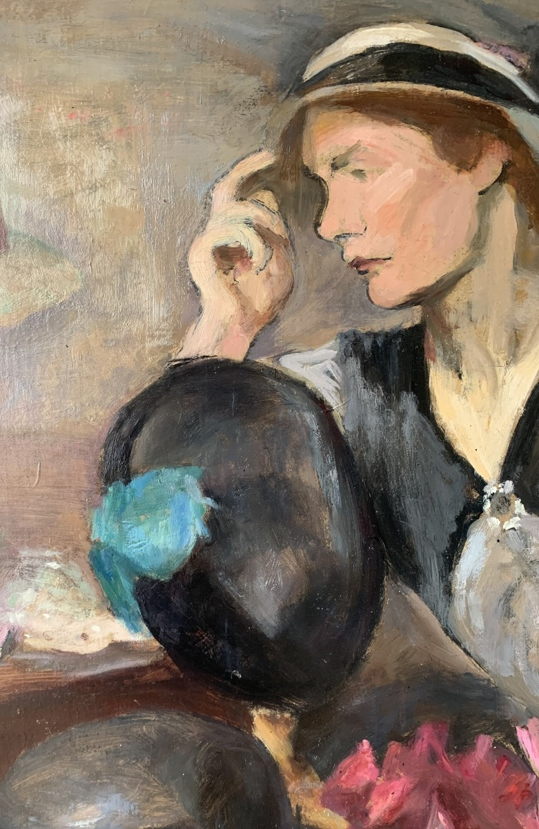 Cécile Hertz Eyrolles - Woman Trying On A Hat - Large Art Deco Painting - 1925-photo-3