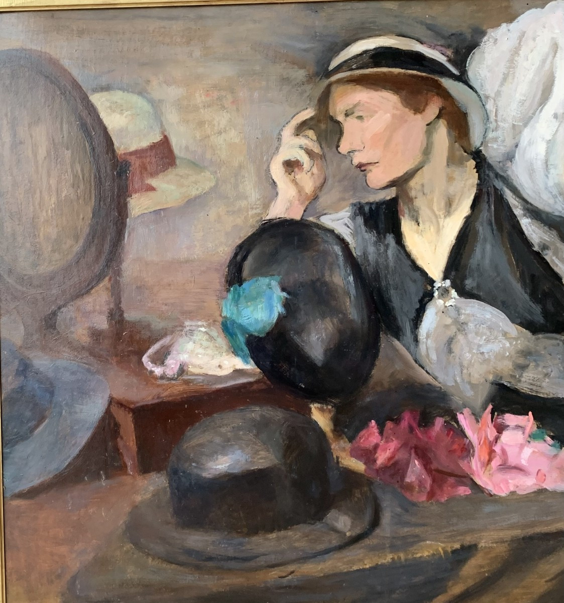 Cécile Hertz Eyrolles - Woman Trying On A Hat - Large Art Deco Painting - 1925-photo-1