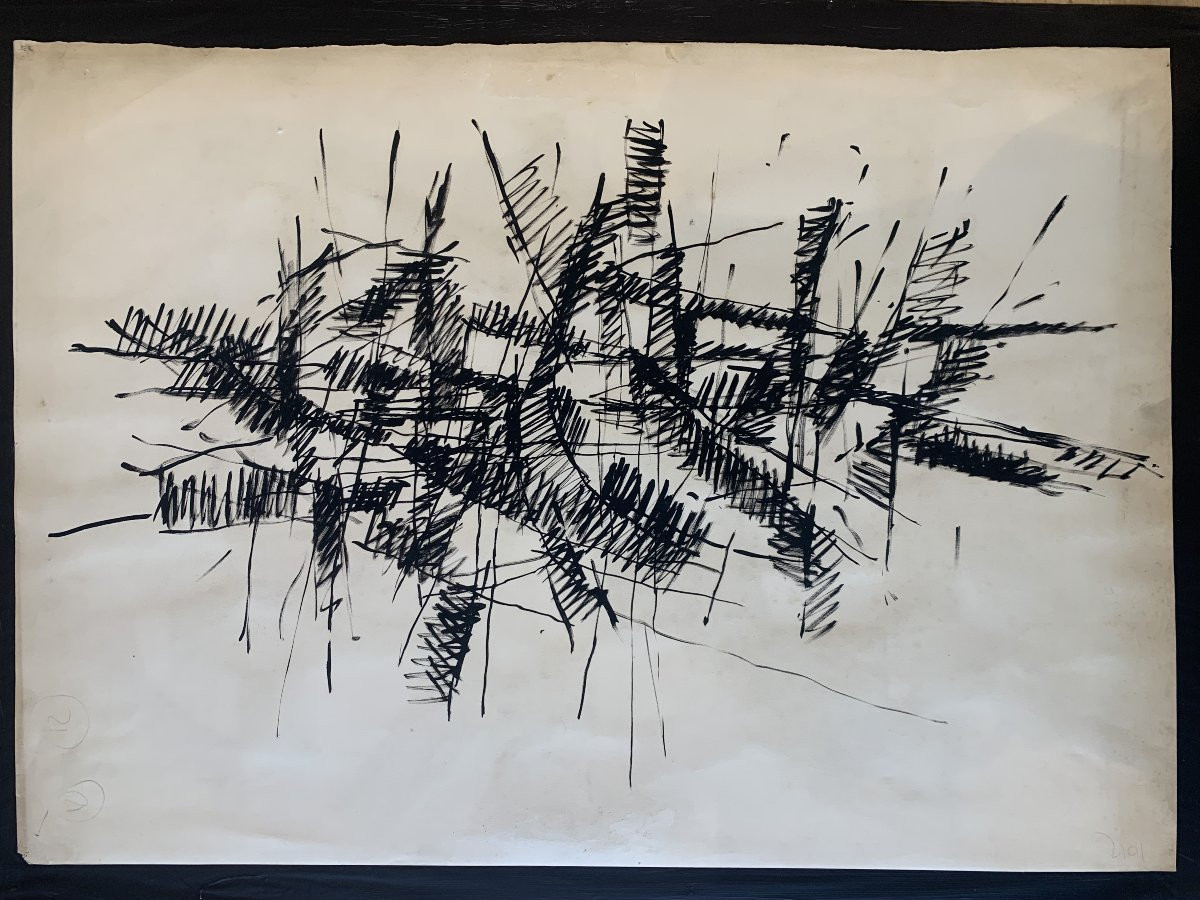 Jacques Germain. Very Large Double-sided Ink And Charcoal Drawing - Circa 1950-photo-4