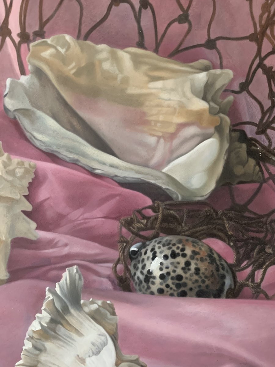 Seashells In A Net, Tempera Painting, 1978, Surrealism, Hyperrealism-photo-2