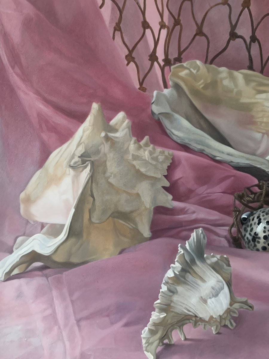 Seashells In A Net, Tempera Painting, 1978, Surrealism, Hyperrealism-photo-3