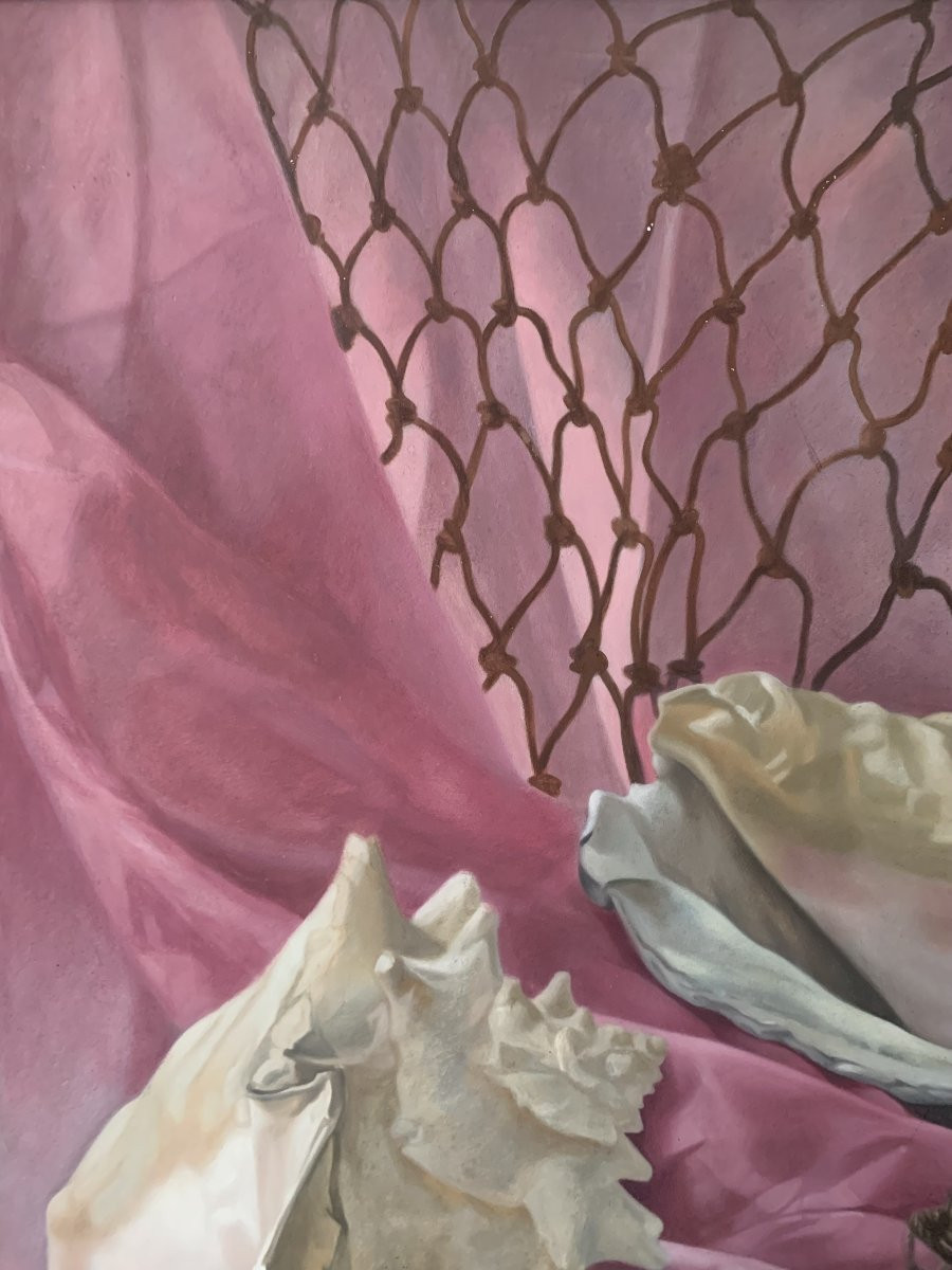 Seashells In A Net, Tempera Painting, 1978, Surrealism, Hyperrealism-photo-4