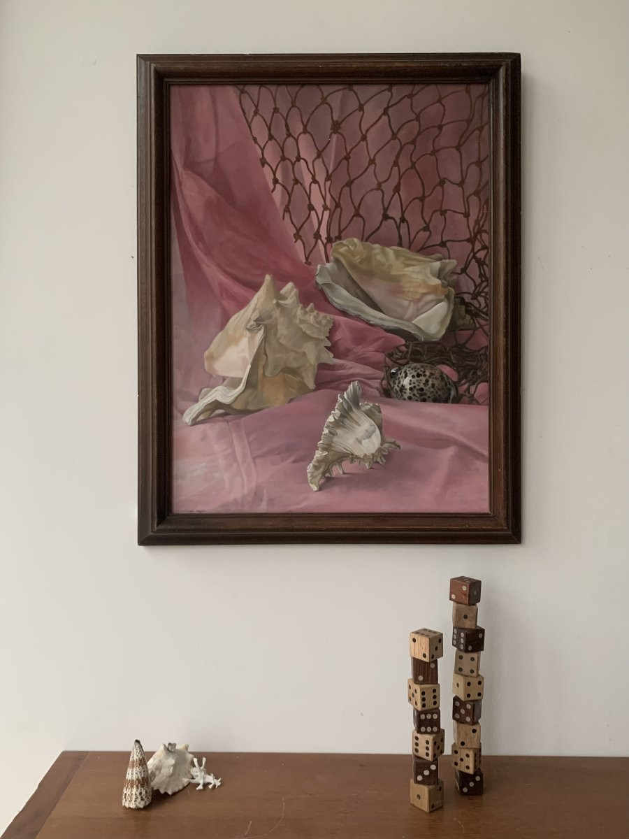 Seashells In A Net, Tempera Painting, 1978, Surrealism, Hyperrealism-photo-4