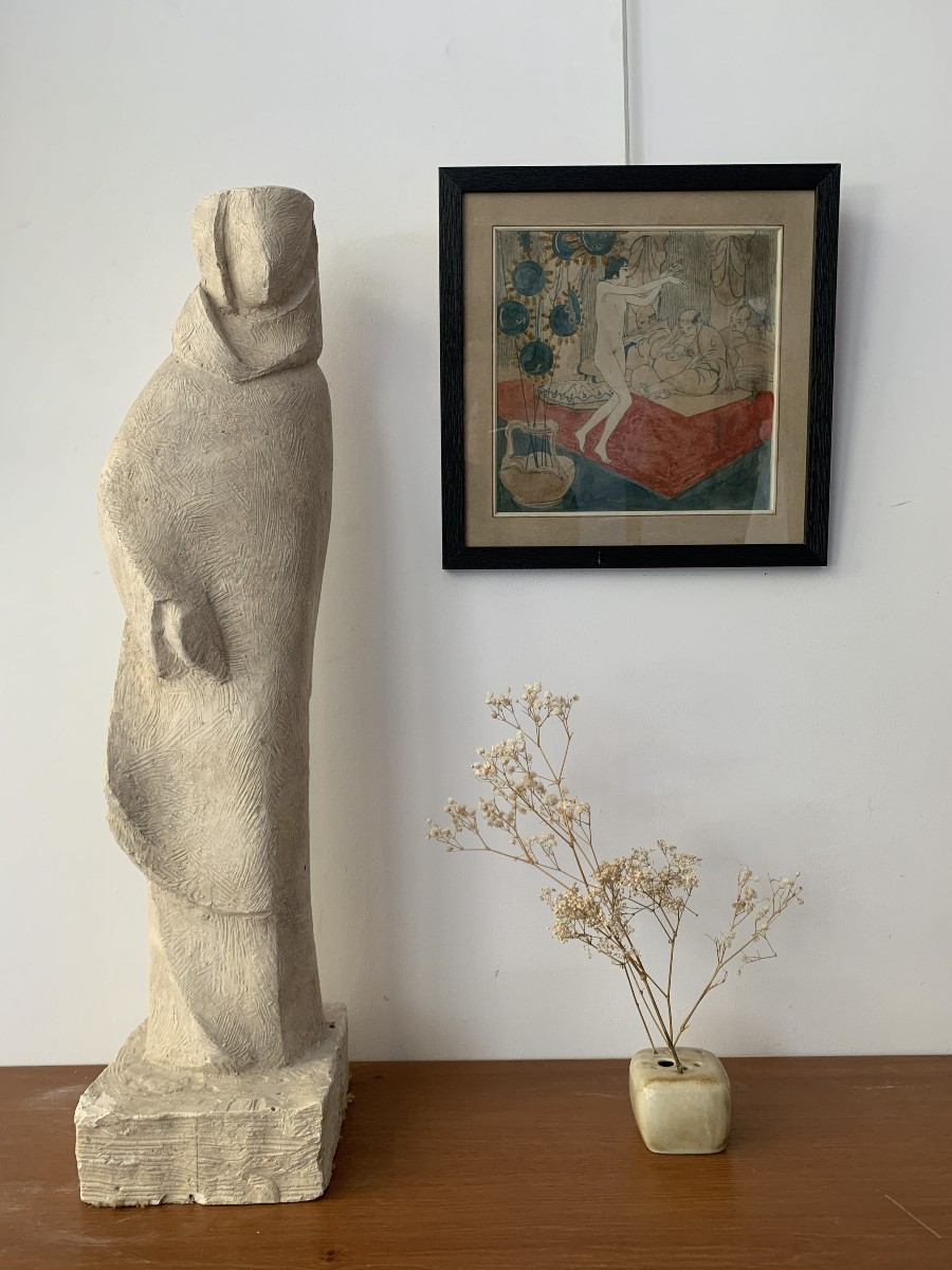 sculpture André LONGEON - femme drapée - Plâtre d'atelier - vers 1950
