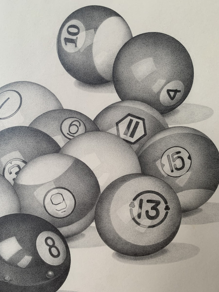 Barbara MORSE ( 1947-2003) américaine - boules de billard - dessin - hyperréalisme. 