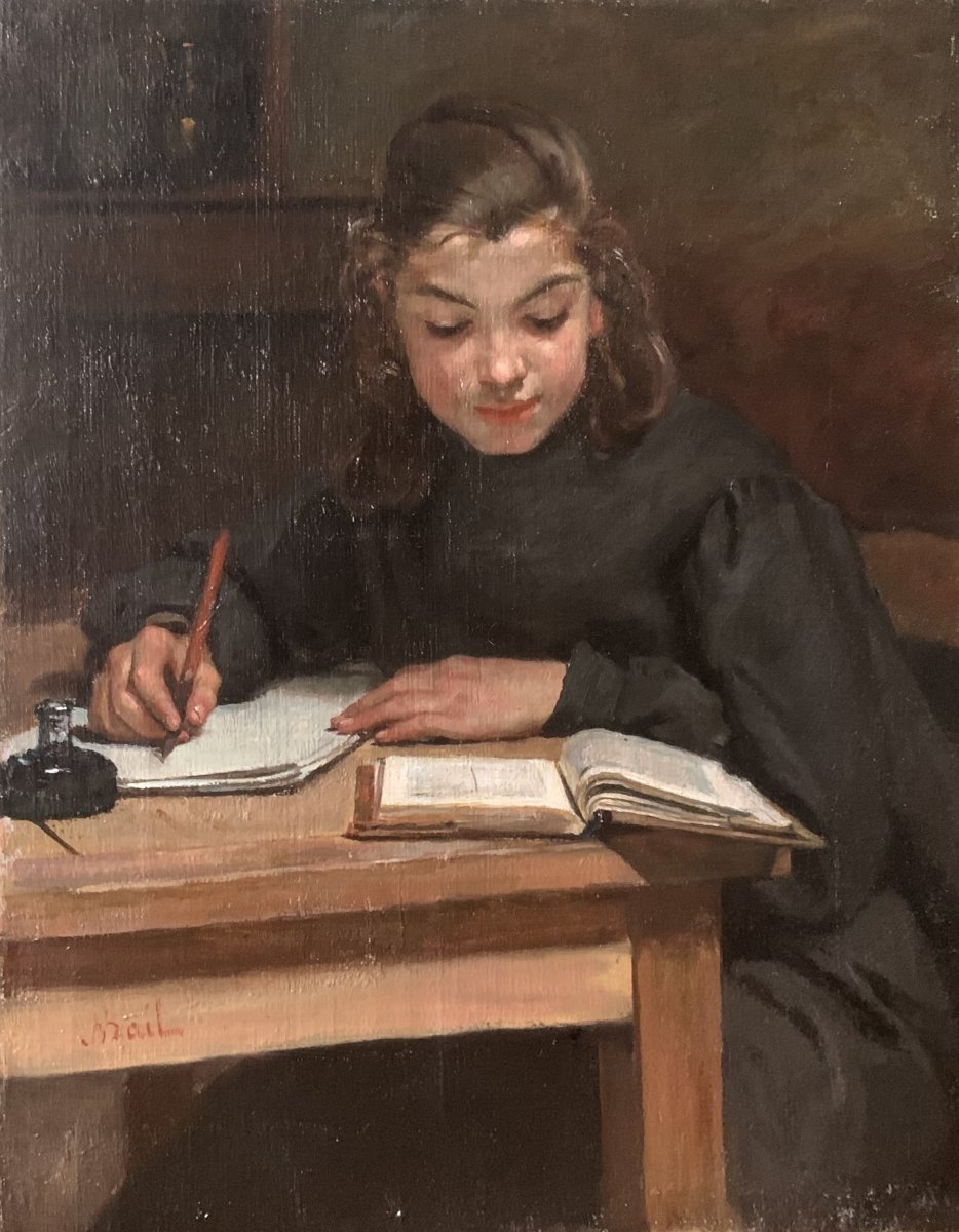 Joseph BAIL, L'Ecolière, huile sur toile - Réalisme, Ribot, Bonvin-photo-2