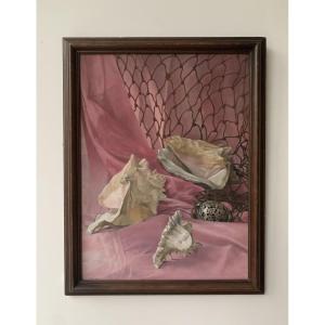Seashells In A Net, Tempera Painting, 1978, Surrealism, Hyperrealism
