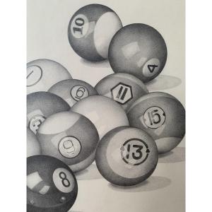 Barbara MORSE ( 1947-2003) américaine - boules de billard - dessin - hyperréalisme. 