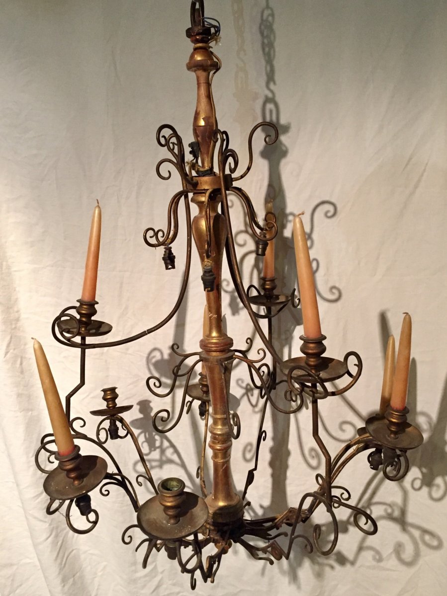Large Italian Chandelier In Gilded Wood-photo-2