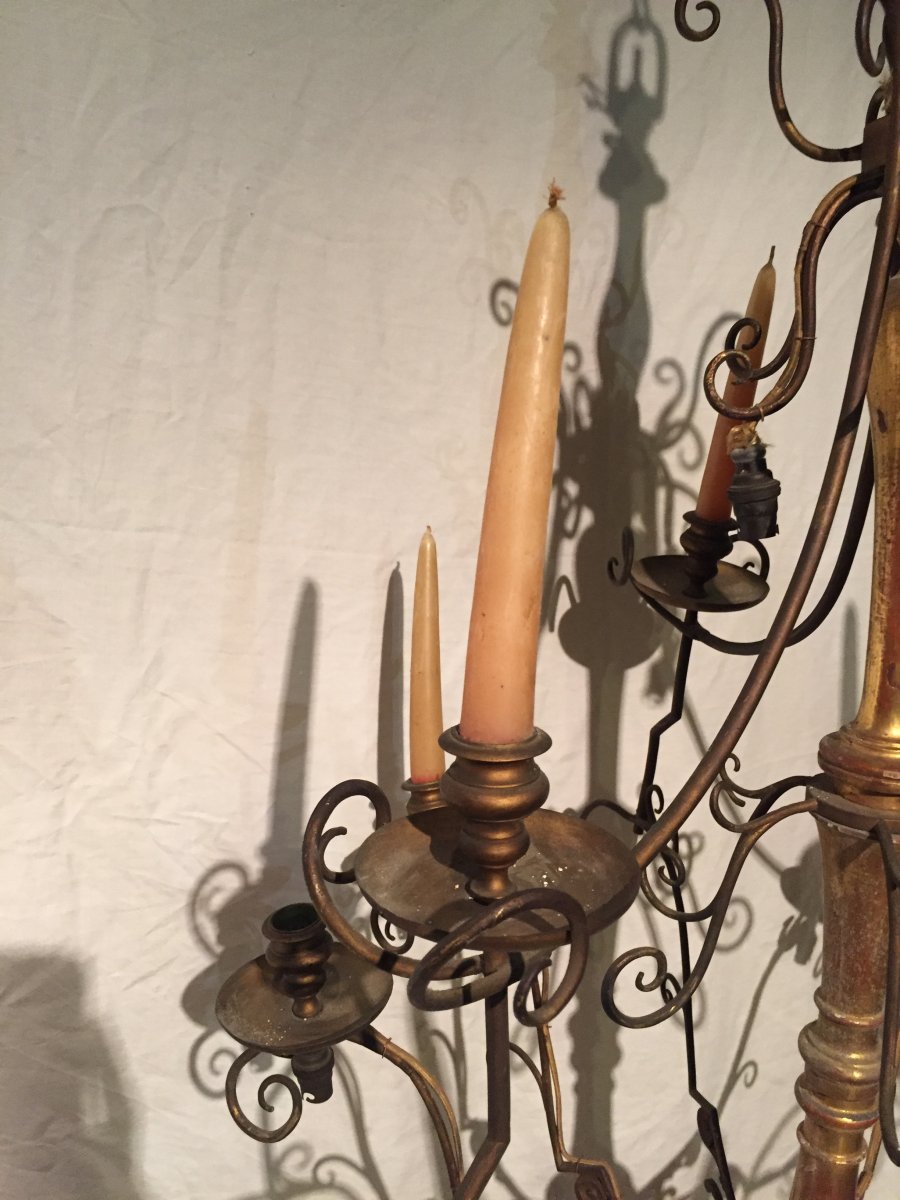 Large Italian Chandelier In Gilded Wood-photo-3