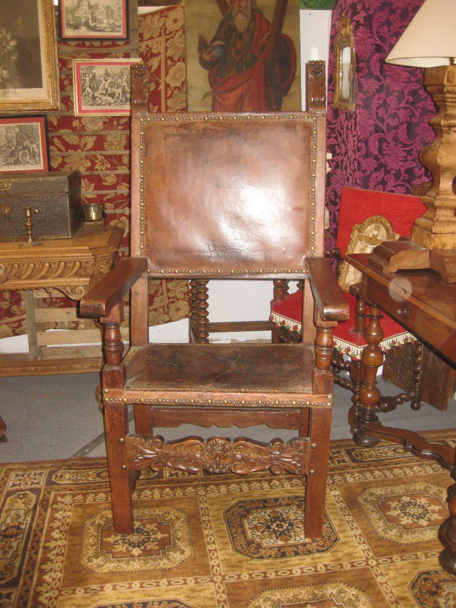 17th Century Spanish Walnut And Leather Armchair.