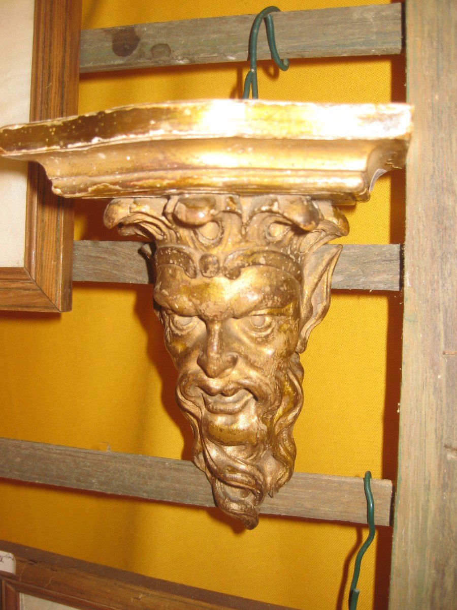 Fauna Head In Carved And Gilded Wood From The Nineteenth Century Forming A Console.-photo-2