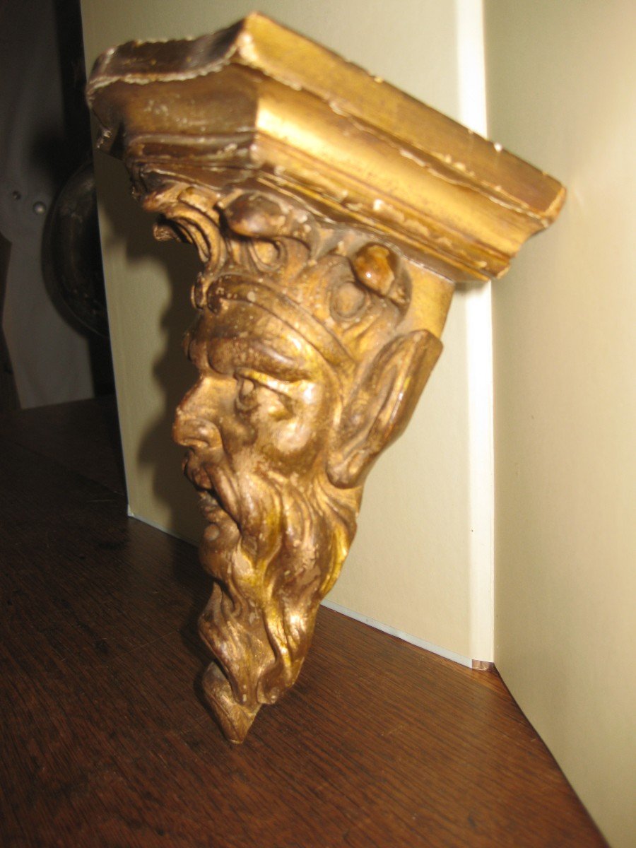 Fauna Head In Carved And Gilded Wood From The Nineteenth Century Forming A Console.-photo-3
