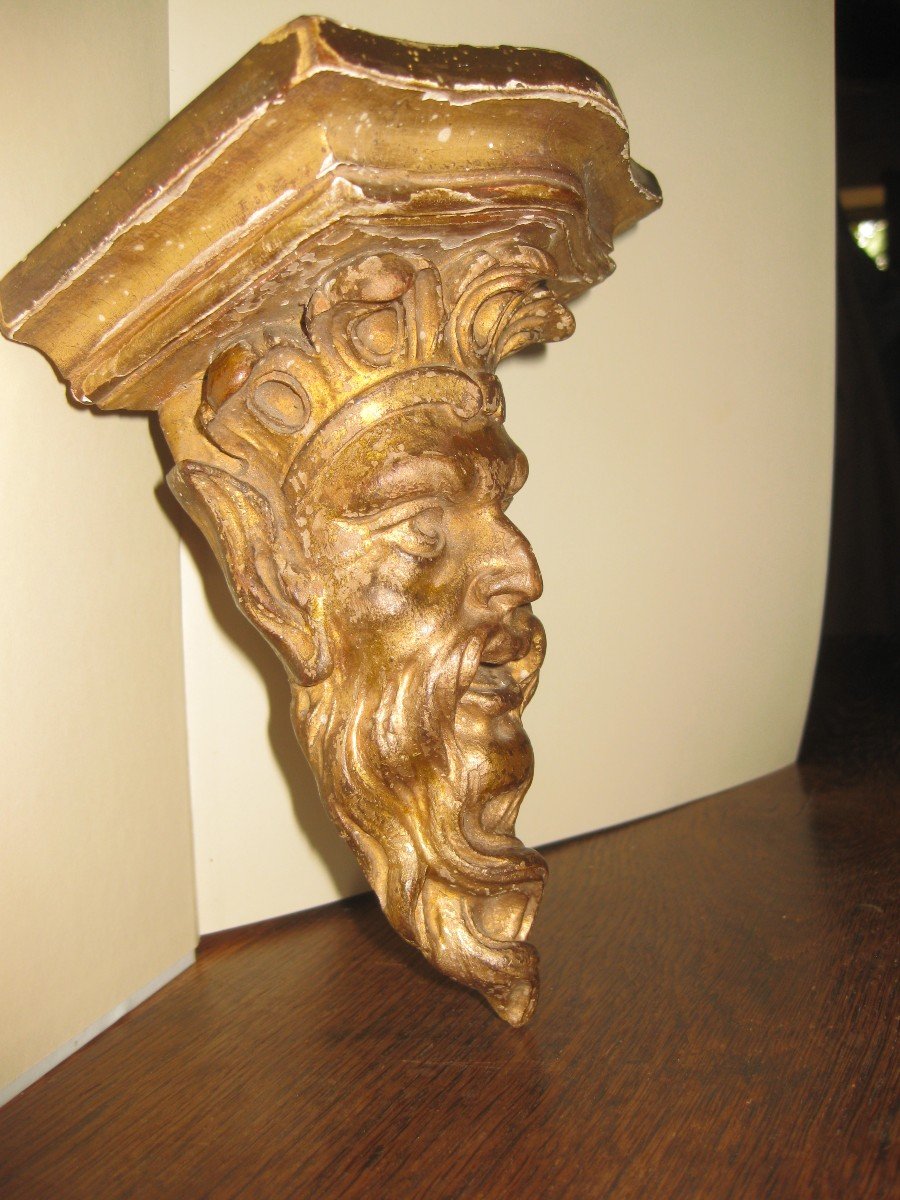 Fauna Head In Carved And Gilded Wood From The Nineteenth Century Forming A Console.-photo-4