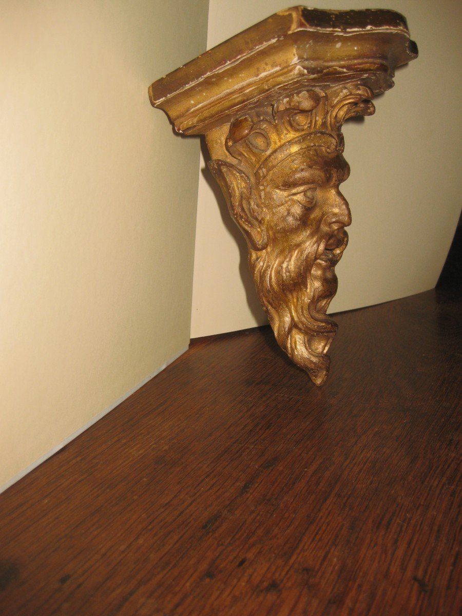 Fauna Head In Carved And Gilded Wood From The Nineteenth Century Forming A Console.-photo-1