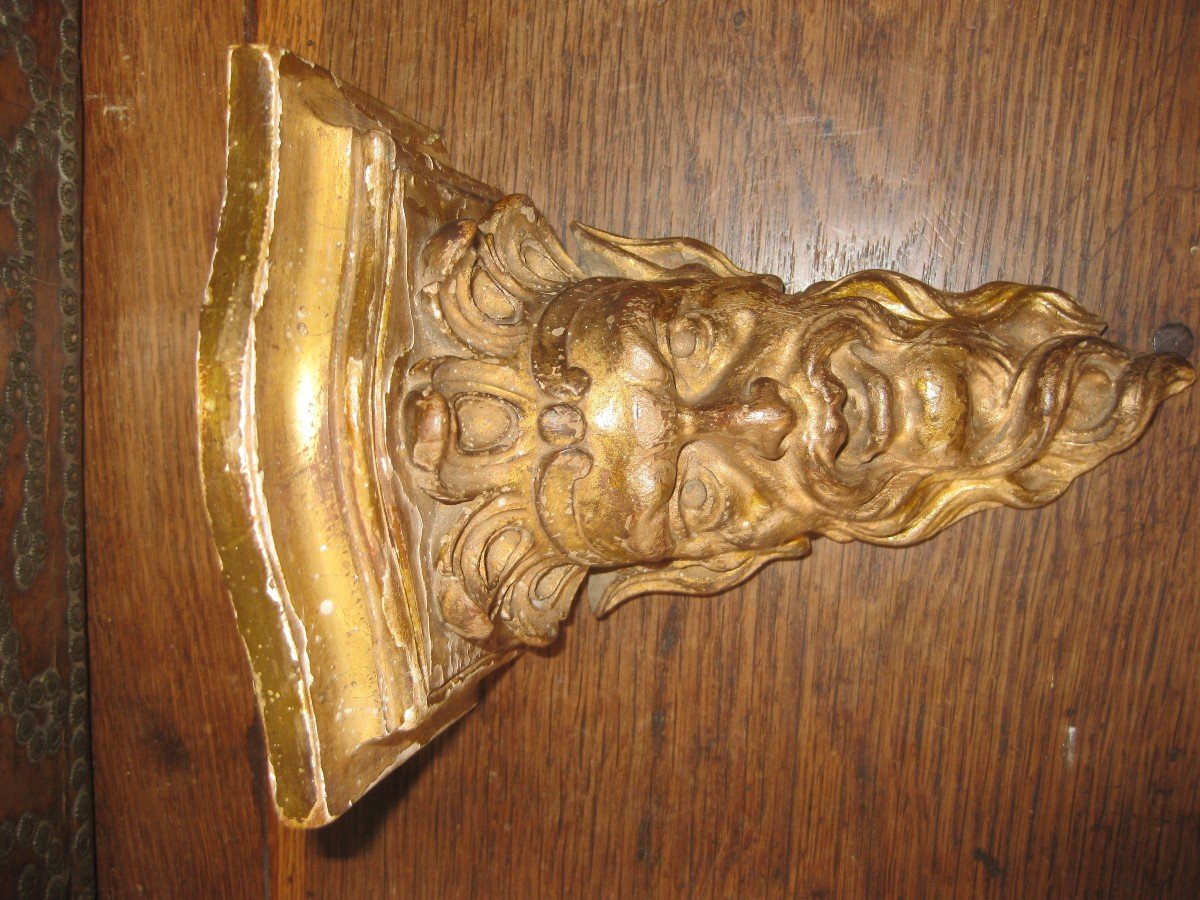 Fauna Head In Carved And Gilded Wood From The Nineteenth Century Forming A Console.-photo-2