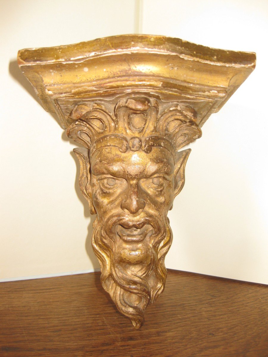 Fauna Head In Carved And Gilded Wood From The Nineteenth Century Forming A Console.