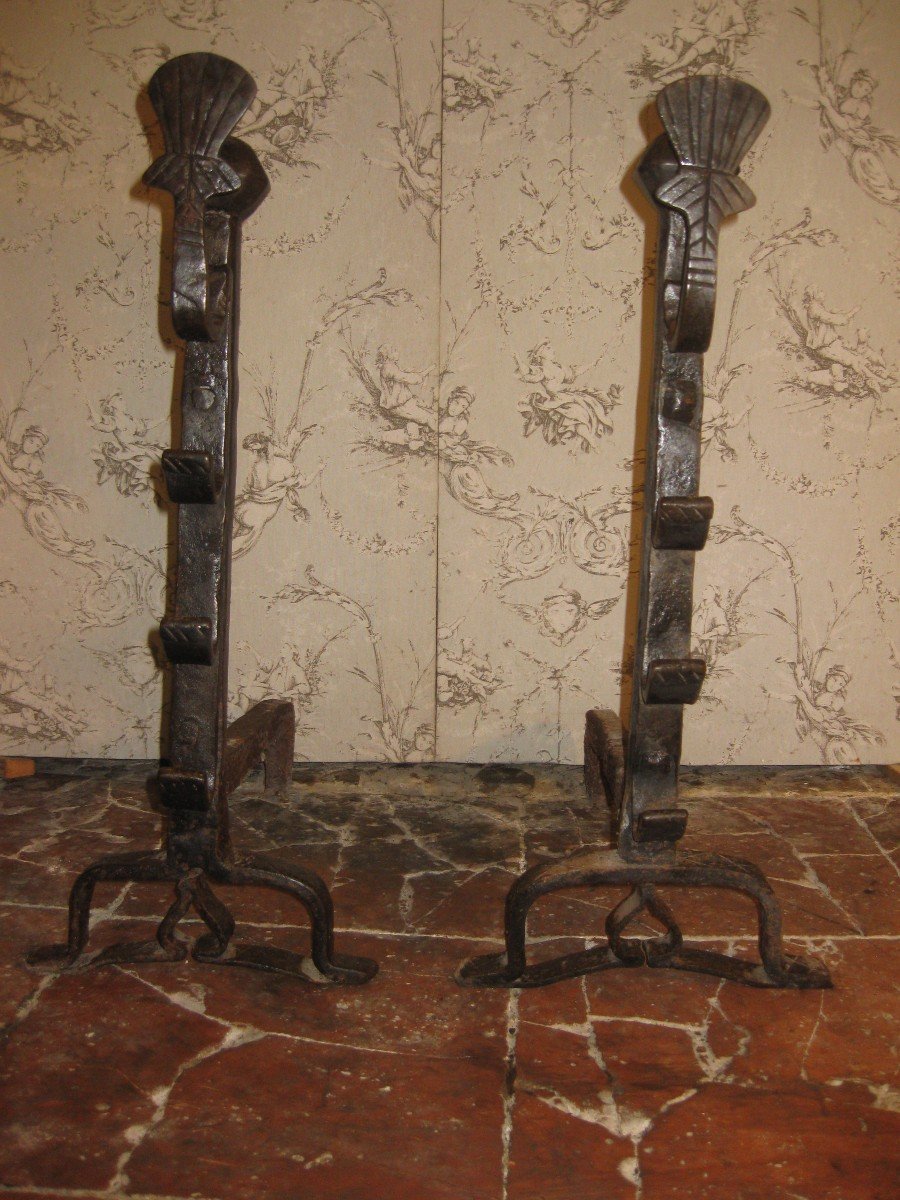 Pair Of 17th Century Wrought Iron Wedding Andirons.