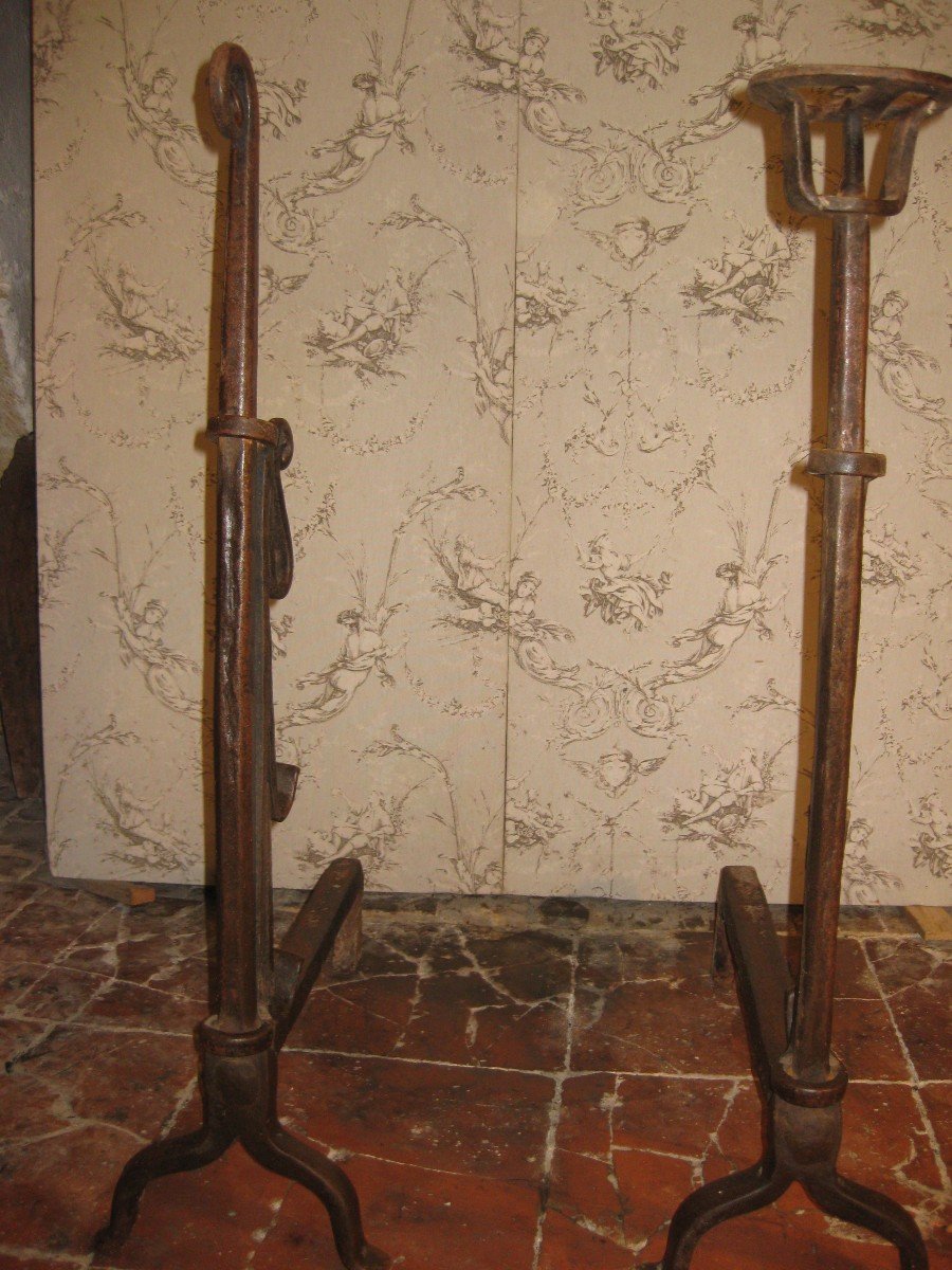 Pair Of 17th Century Wrought Iron Landiers With Swiveling Spit Holders.-photo-2