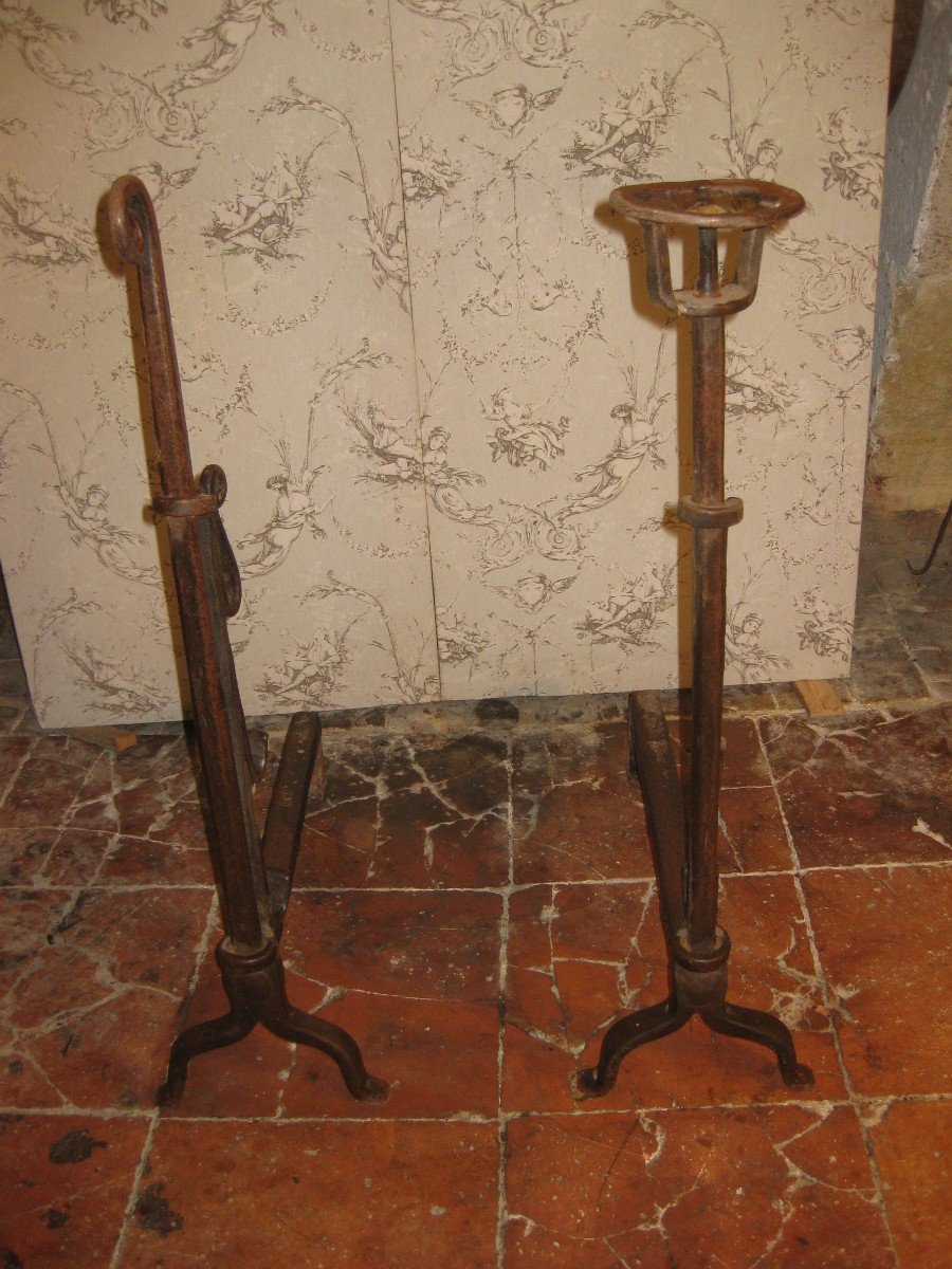 Pair Of 17th Century Wrought Iron Landiers With Swiveling Spit Holders.-photo-3