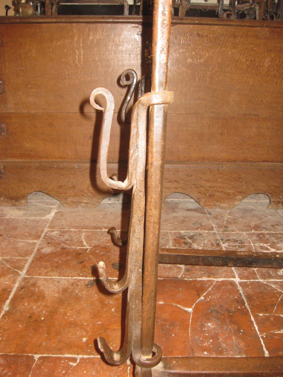 Pair Of 17th Century Wrought Iron Landiers With Swiveling Spit Holders.-photo-4