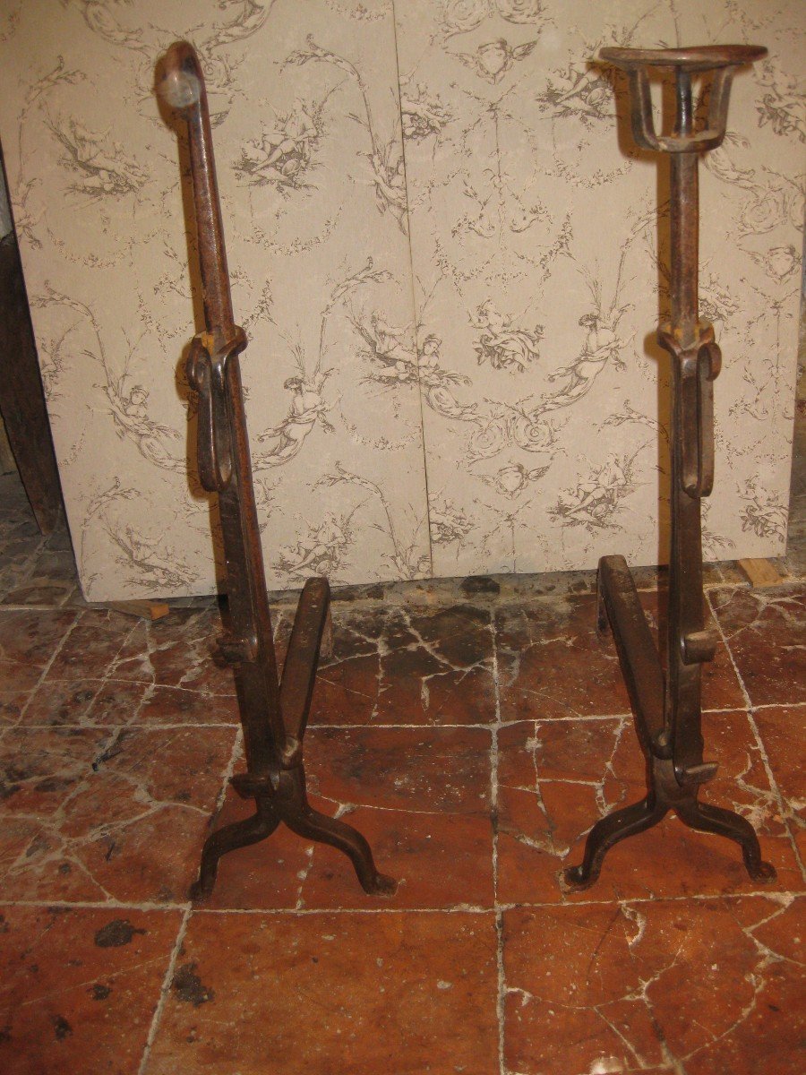 Pair Of 17th Century Wrought Iron Landiers With Swiveling Spit Holders.