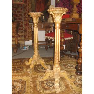 Pair Of Louis XVI Style Torcheres In Golden Wood.