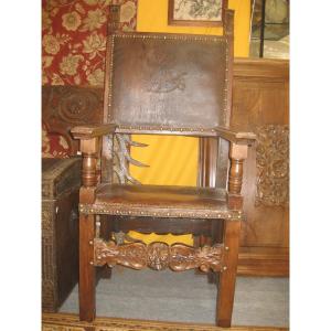 17th Century Spanish Walnut And Leather Armchair.